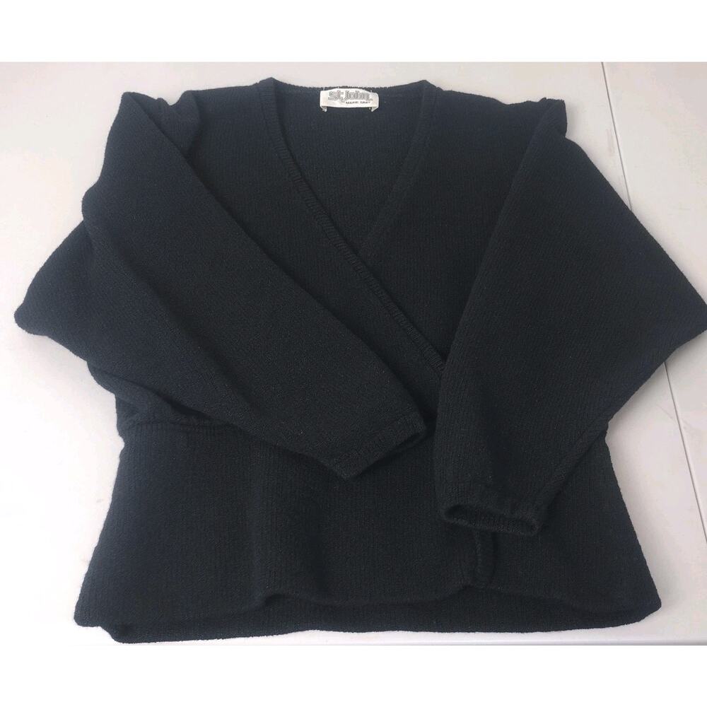 Vintage St. John by Marie Gray Knit Sweater Pullover Black V~Neck Size 8